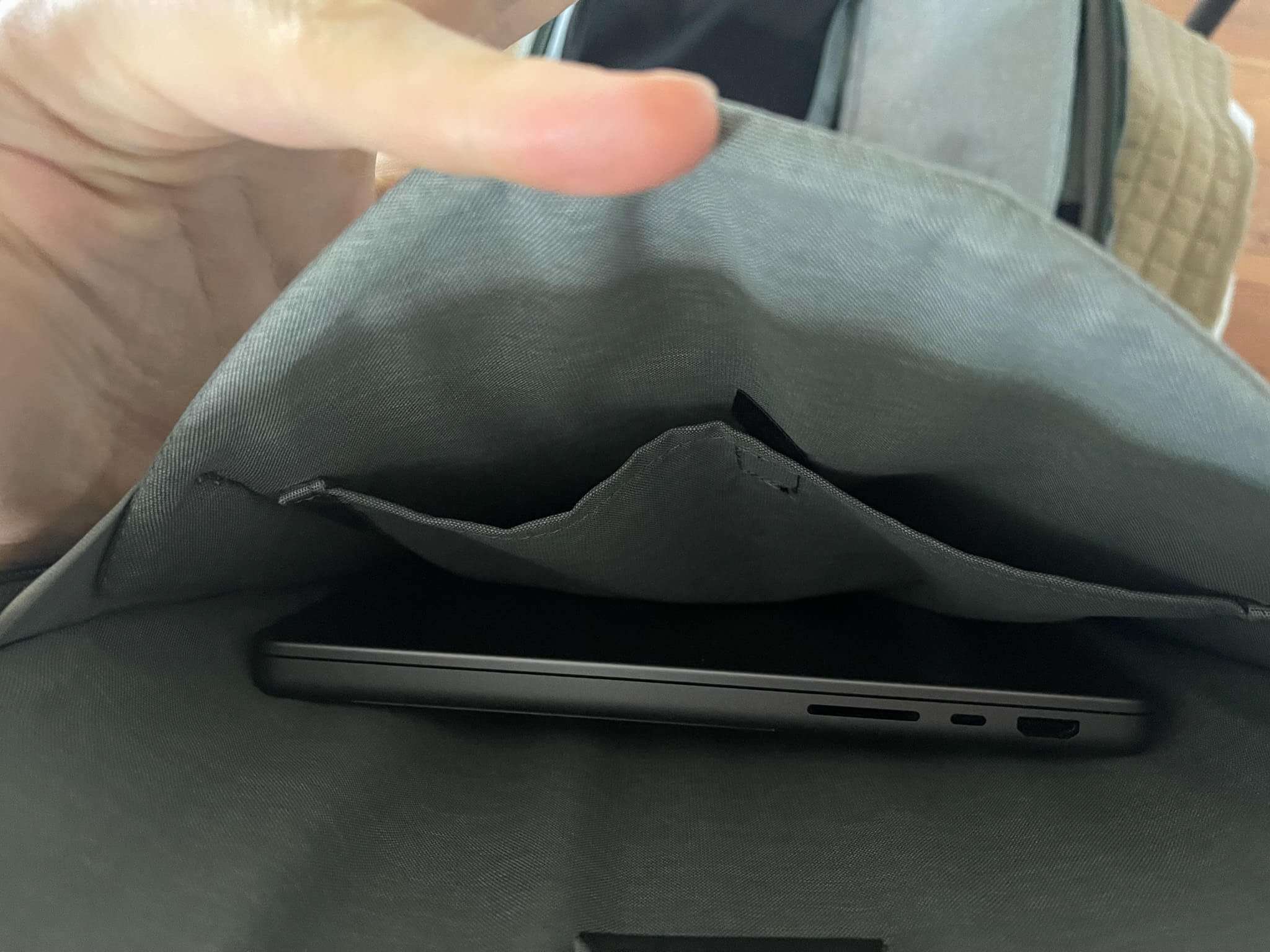 Laptop sleeve on the Peak Design Travel Backpack